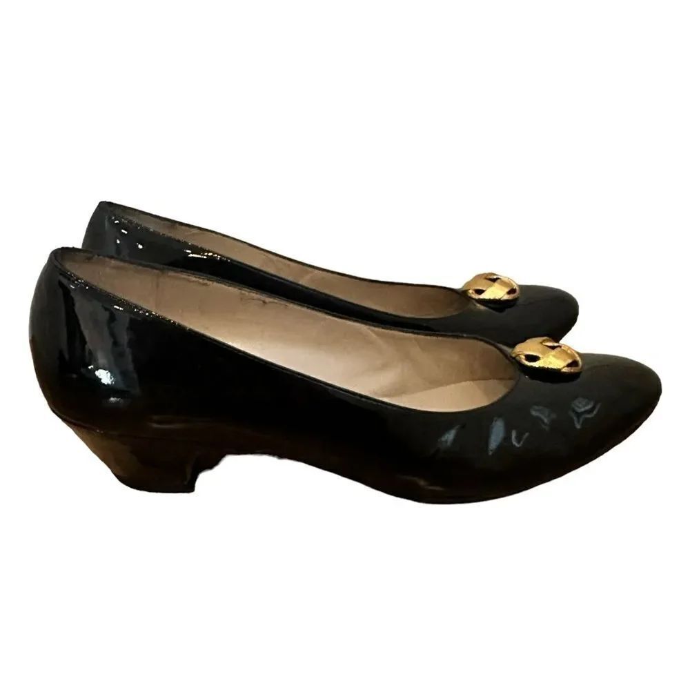 Salvatore Ferragamo Black Patent Leather Gold Embellished Low Heels Size 6.5AAA